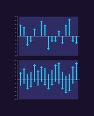 Ups and downs arrows infographic chart design template set for dark theme. Business analytics. Visual data presentation. Editable bar graphs collection. Myriad Pro-Bold, Regular fonts used