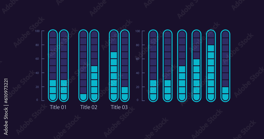 Poster Vertical progress infographic chart design template set for dark theme. Status report. Project completion. Visual data presentation. Editable bar graphs collection. Myriad Pro-Bold, Regular fonts used