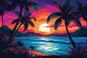 Fototapeta na wymiar Beautiful sunset over the sea illustration in flat style