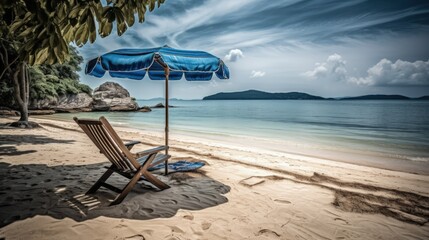 Illustration of the beach. A beach lounger and an umbrella on the shore of a beautiful sea. Exotic palm trees on the sand. Summer vacation and relaxation at the sea. Generative AI