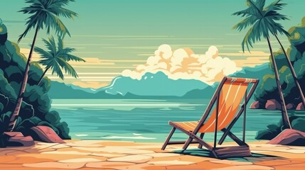 Illustration of the beach. A beach lounger on the shore of a beautiful sea. Exotic palm trees on the sand. Summer vacation and relaxation at the sea. Generative AI