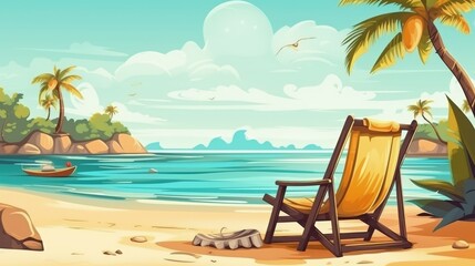 Illustration of the beach. A beach lounger on the shore of a beautiful sea. Exotic palm trees on the sand. Summer vacation and relaxation at the sea. Generative AI