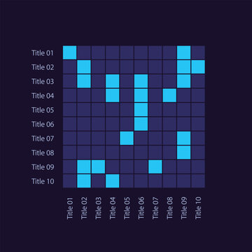 Plotting grid infographic chart design template for dark theme. Project schedule. Editable squares infochart with ten options. Visual data presentation. Myriad Pro-Bold, Regular fonts used