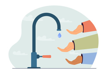 Hands of people reaching for water dropping from tap. Water restriction and shortage due to drought or dry climate, limited water supply vector illustration. Drought, hygiene, ecology concept