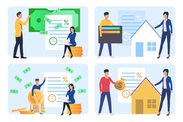 Obraz na płótnie Canvas People managing personal finances vector illustrations set. Cartoon drawings of man and woman paying loans, utility bills, taxes or mortgage, managing family budget. Finances, economy, banking concept