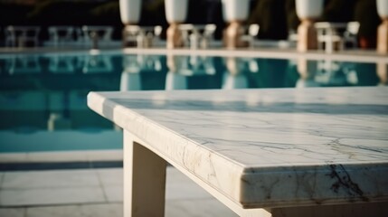 An empty marble countertop on the background of the pool. Can be used to showcase products. Summer vacation and relaxation. Generative AI