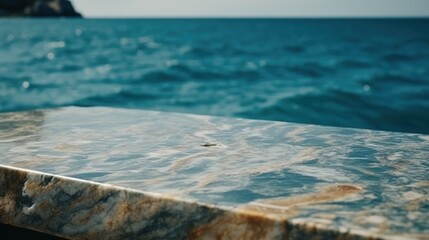 Fototapeta na wymiar An empty white marble countertop against a blue sea background. Can be used to showcase products. Summer vacation by the sea, seascape. Generative AI