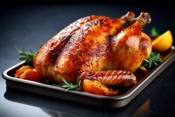 Macro detail close-up photography of a tempting roast chicken on a slate plate against a polished metal background. With generative AI technology