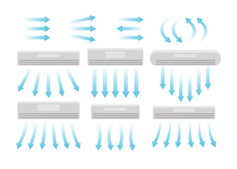 Air conditioning directions vector illustrations set. Blue wind arrows showing air movements from conditioner on white background. Air purifier, filter, hot weather, summer concept