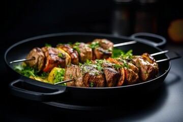 Close-up view photography of a delicious kebab in a clay dish against a polished metal background. With generative AI technology