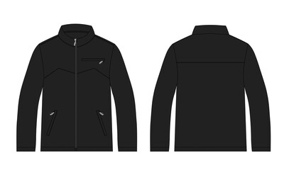 Long sleeve jacket with pocket and zipper technical fashion flat sketch vector illustration Black Color template front and back views. Fleece jersey sweatshirt jacket for men's and boys.
