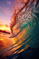 Beautiful wave in the sunset made with generated ai