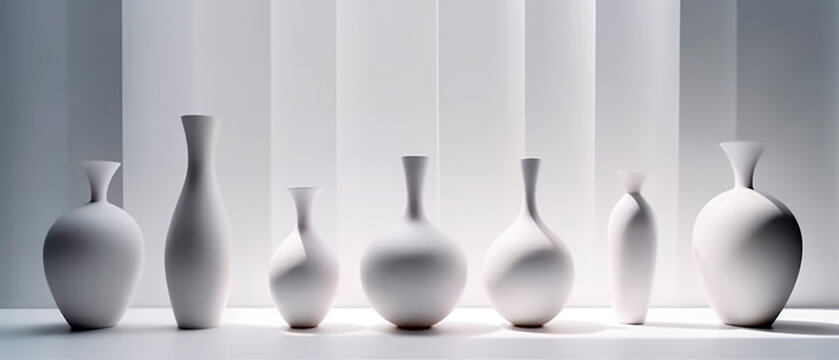 Ceramic vases on a white background in minimalist composition. Generative AI.