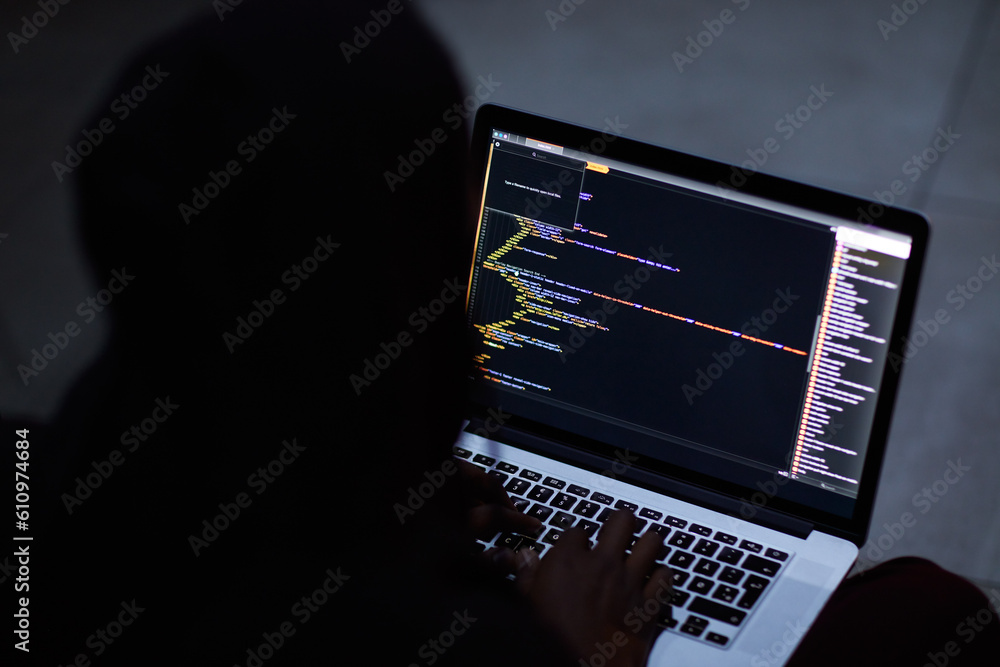 Poster Hacker, code and cyber security with person and laptop screen for ransomware, programming and phishing. Coding, technology and crime with programmer typing for fraud, network system and data at night