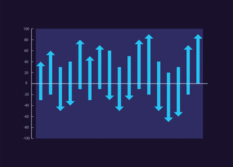 Waterfall arrows infographic chart design template for dark theme. Editable infochart with vertical bar graphs and negative field. Visual data presentation. Myriad Pro-Bold, Regular fonts used