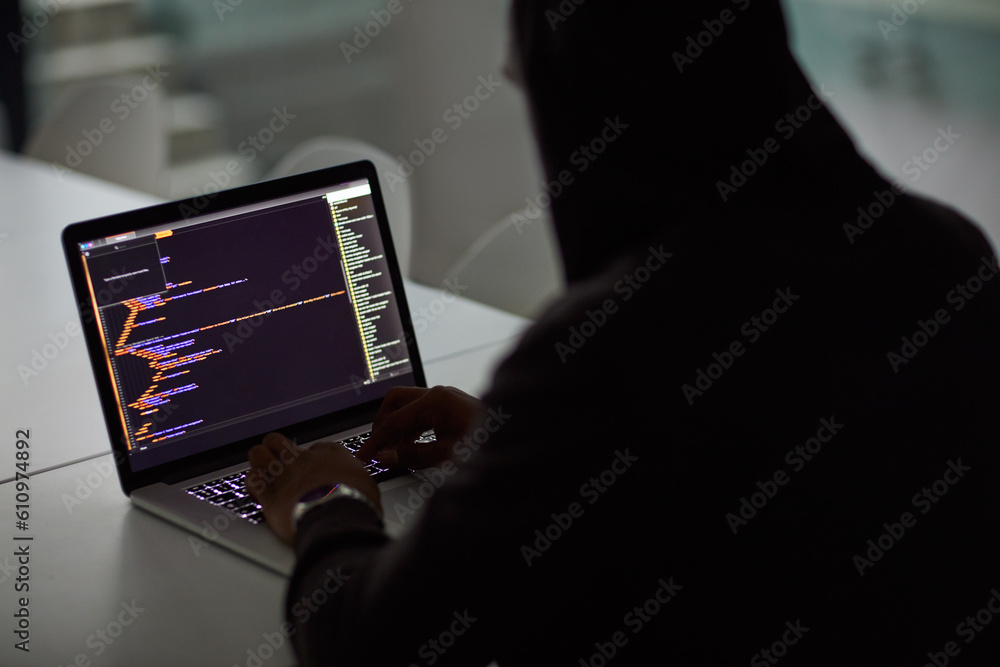 Poster Hacker, code and programming with person and laptop screen for ransomware, cyber security and phishing. Coding, technology and crime with programmer typing for fraud, network system and data at night