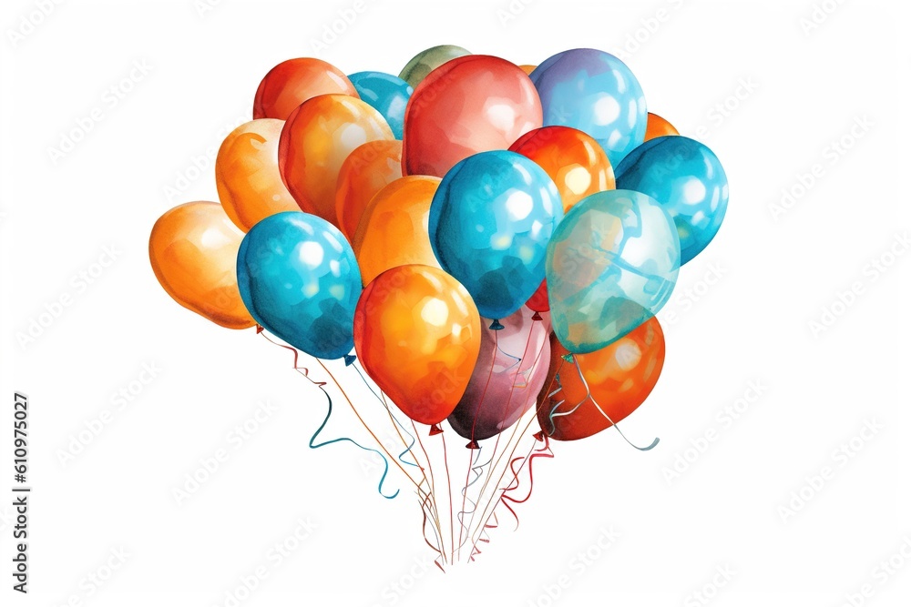 Poster drawing of colored balloons isolated on white background. generated by ai.