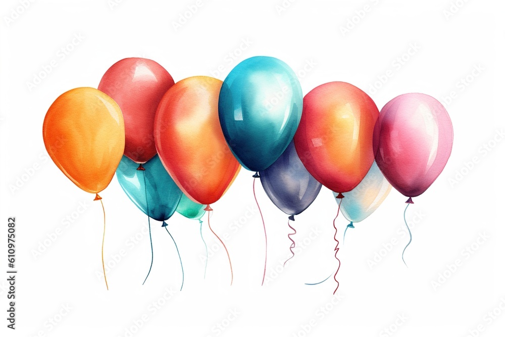 Poster drawing of colored balloons isolated on white background. generated by ai.