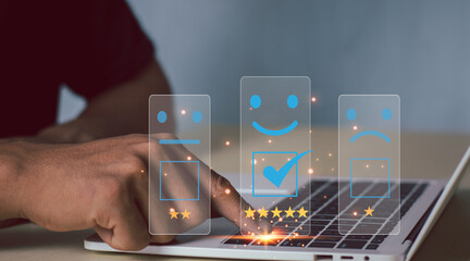 User give rating to service experience on online application, Customer review satisfaction feedback survey concept, Customer can evaluate quality of service leading to reputation ranking of business..