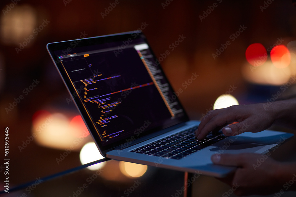 Aufkleber Hacker, programming and laptop with hands of person for ransomware, cyber security and phishing. Coding, technology and crime with closeup of programmer for fraud, network system and data at night