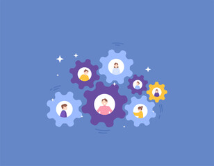 CompanyTeam. communities, organizations, and groups. Teamwork, collaboration, or business partners. Illustration of a businessman or an employee who is connected to each other by means of gears