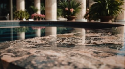 An empty marble countertop on the background of the pool and flowers. Can be used to showcase products. Summer vacation and relaxation. Generative AI