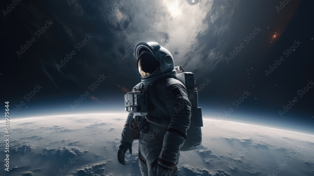 Poster astronaut exploring alien worlds in deep space
