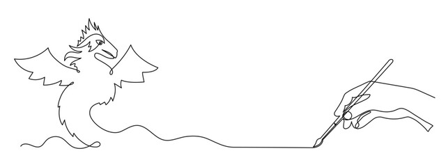 Hand holds brush painting dragon one line art continuous contour, hand-drawn mythical chinese animal outline,drawing horoscope zodiac sign,fairy tale creature ancient dinosaur.Editable stroke.Isolated