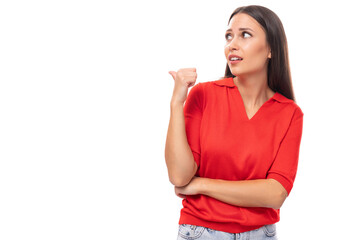 pretty smart caucasian woman with black hair is wearing a red blouse with a halter neckline...