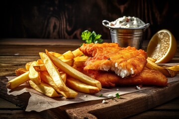 Detailed close-up photography of a tempting fish and chips on a wooden board against an aged metal...
