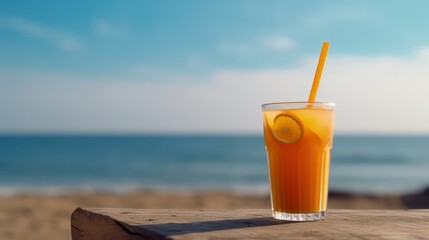 Summer tropical beach background with fresh juice cocktail. Exotic summer drinks , blur sandy beach on background. Generative AI