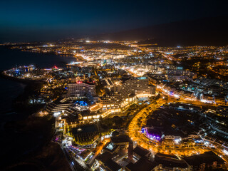 beautiful aerial view of illuminated night city with lights, Tenerife, Canary