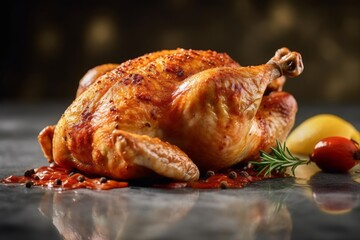 Detailed close-up photography of a refined  roast chicken on a marble slab against a sandstone background. With generative AI technology