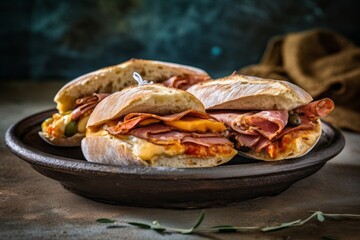 Macro view photography of a tempting sandwiches in a clay dish against a sandstone background. With generative AI technology