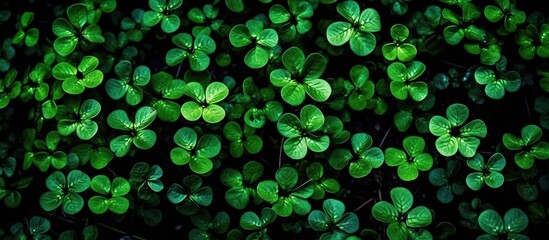 Horizontal background of clover leaves. Generative AI is an illutration. Green natural panoramic background.