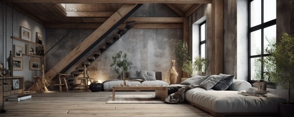 Banner - Living room in loft in Rustic design drawn from natural inspiration, using raw and often unfinished elements including wood and stone. Architecture and Real estate, AI generative