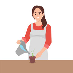 Beautiful happy woman watering plants. Flat vector illustration isolated on white background