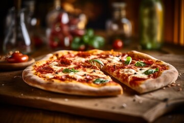 Rustic ambiance close-up photography of a tempting pizza on a wooden board against a natural brick...