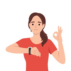 Smiling woman look at wristwatch check time. Happy girl use classic analogue watch on wrist. Time management and deadline. Flat vector illustration isolated on white background