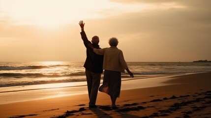 Fototapeta na wymiar An elderly couple walks along the seashore. Evening sunset on the beach. Summer vacation by the sea. Generative AI