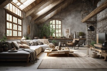 Living room in loft in Rustic design drawn from natural inspiration, using raw and often unfinished elements including wood and stone. Architecture and Real estate, AI generative