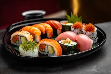 Detailed close-up photography of a tempting sushi on a porcelain platter against a natural brick background. With generative AI technology