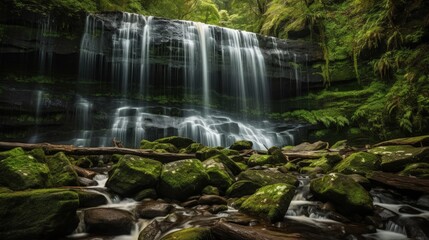 Obraz premium Small waterfall in the greenery. Beautiful landscape. Generative AI