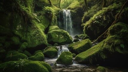 Small waterfall in the greenery. Beautiful landscape. Generative AI