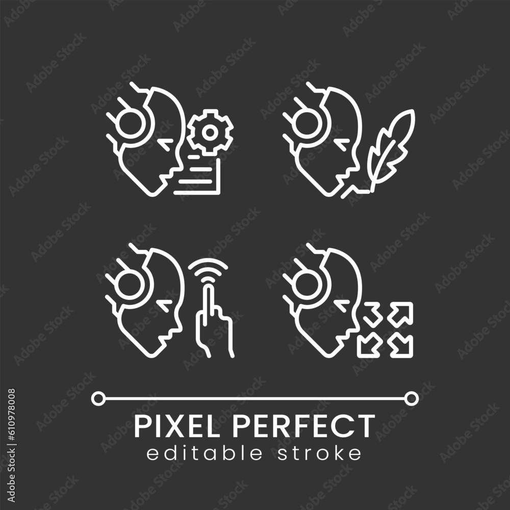 Poster artificial intelligence capabilities pixel perfect white linear icons set for dark theme. machine le
