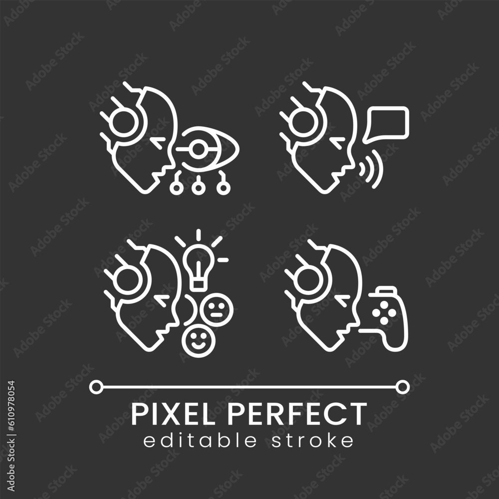 Poster artificial intelligence benefits pixel perfect white linear icons set for dark theme. ai advantages.