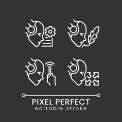 Artificial intelligence capabilities pixel perfect white linear icons set for dark theme. Machine learning. Night mode simple thin line symbols. Isolated outline illustrations. Editable stroke