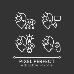 Artificial intelligence benefits pixel perfect white linear icons set for dark theme. AI advantages. Big data. Night mode simple thin line symbols. Isolated outline illustrations. Editable stroke