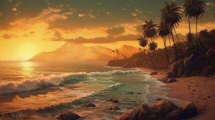 Fototapeta na wymiar Exotic palm trees on the seashore. Sea waves on the beach. Summer vacation by the sea. Generative AI