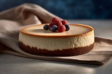 Highly detailed close-up photography of a tempting cheesecake on a marble slab against a woolen fabric background. With generative AI technology